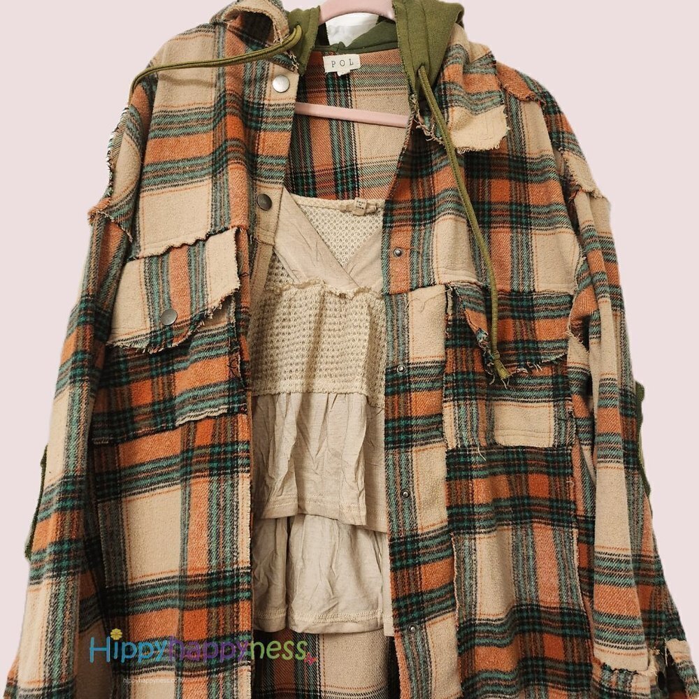 New POL Shacket Jacket Oversized Plaid Hoodie Beige Orange Green NWT - Picture 2 of 8